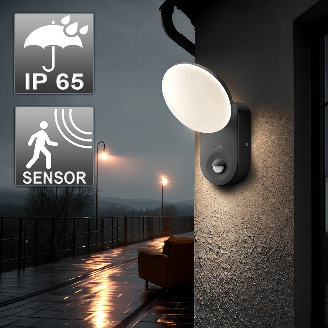 Lampă LED montată pe perete cu senzor PIR Maclean Energy MCE367 - PC+ALU, 15W (1100lm) Alb Neutru 4000K IP65 gri