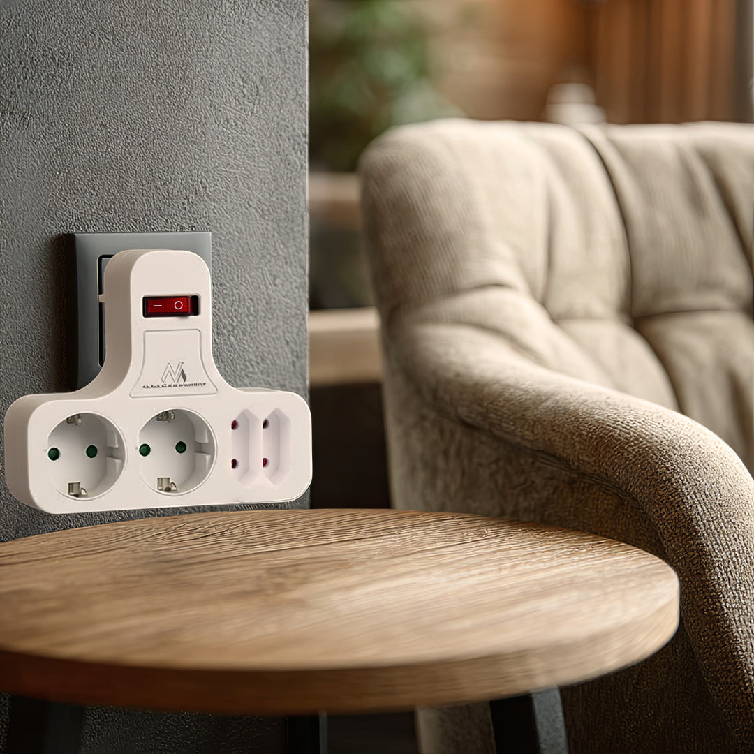 Priză de alimentare Maclean, cvadruplă cu întrerupător pornit/oprit, picior de stabilizare, tip Schuko, 2x2.5A, 2x16A, MCE224