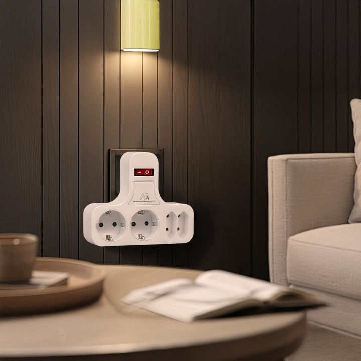 Priză de alimentare Maclean, cvadruplă cu întrerupător pornit/oprit, picior de stabilizare, tip Schuko, 2x2.5A, 2x16A, MCE224