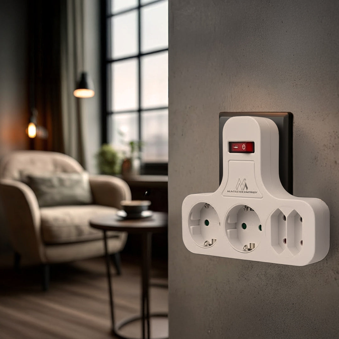 Priză de alimentare Maclean, cvadruplă cu întrerupător pornit/oprit, picior de stabilizare, tip Schuko, 2x2.5A, 2x16A, MCE224