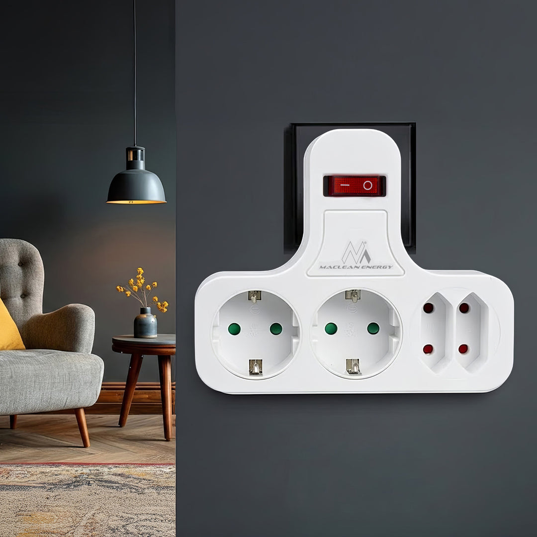Priză de alimentare Maclean, cvadruplă cu întrerupător pornit/oprit, picior de stabilizare, tip Schuko, 2x2.5A, 2x16A, MCE224