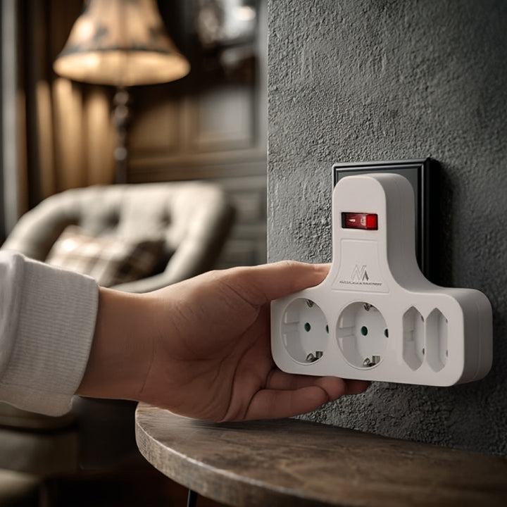 Priză de alimentare Maclean, cvadruplă cu întrerupător pornit/oprit, picior de stabilizare, tip Schuko, 2x2.5A, 2x16A, MCE224