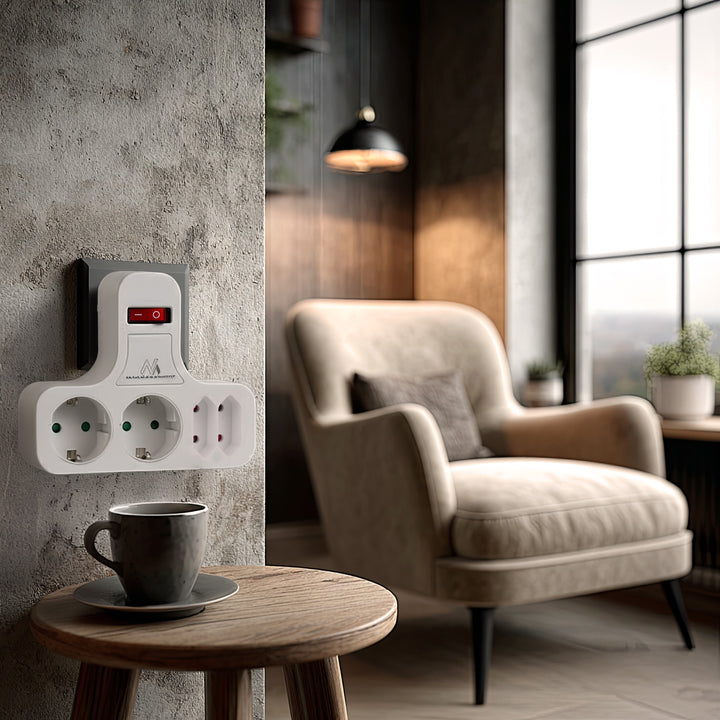 Priză de alimentare Maclean, cvadruplă cu întrerupător pornit/oprit, picior de stabilizare, tip Schuko, 2x2.5A, 2x16A, MCE224