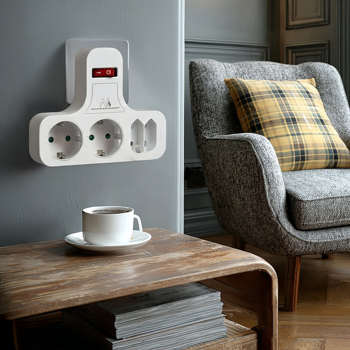 Priză de alimentare Maclean, cvadruplă cu întrerupător pornit/oprit, picior de stabilizare, tip Schuko, 2x2.5A, 2x16A, MCE224