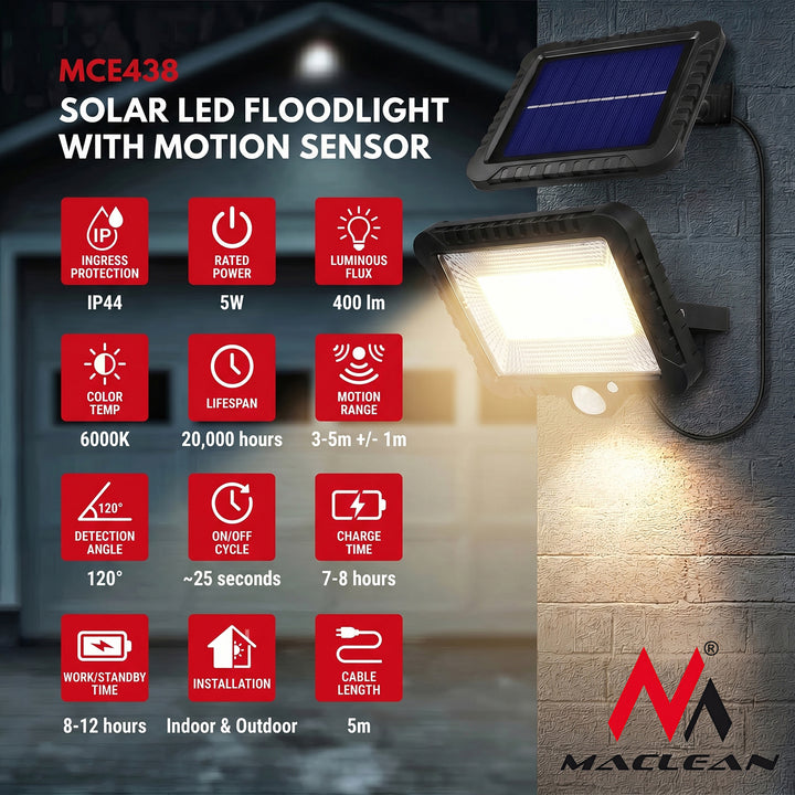 Lampa solara LED cu senzor de mișcare Maclean Energy IP44, 5W, 400lm, 6000K alb rece, baterie litiu 1300 mAh, 5,5V DC MCE438