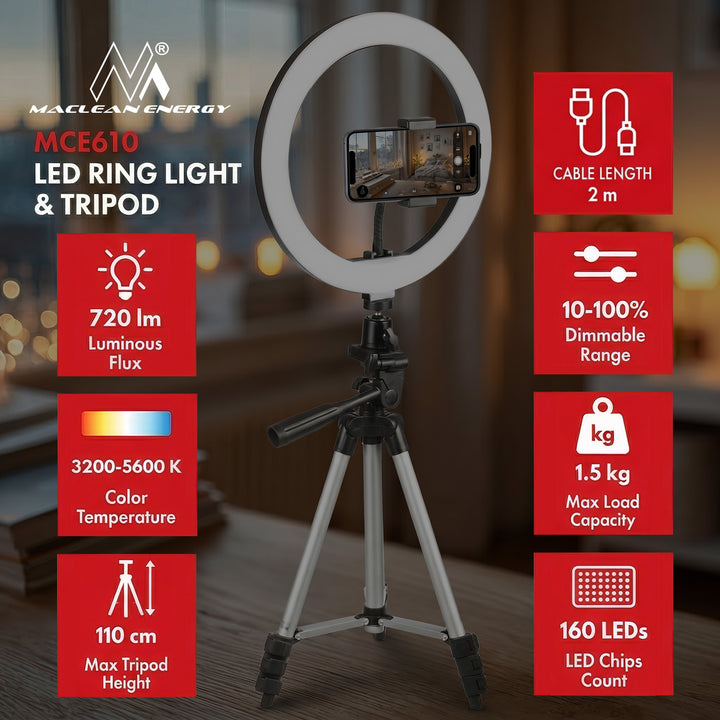 Lampa circulara Maclean Energy MCE610, bluetooth, 10 trepte de lumina, trepied inclus de 1,1m