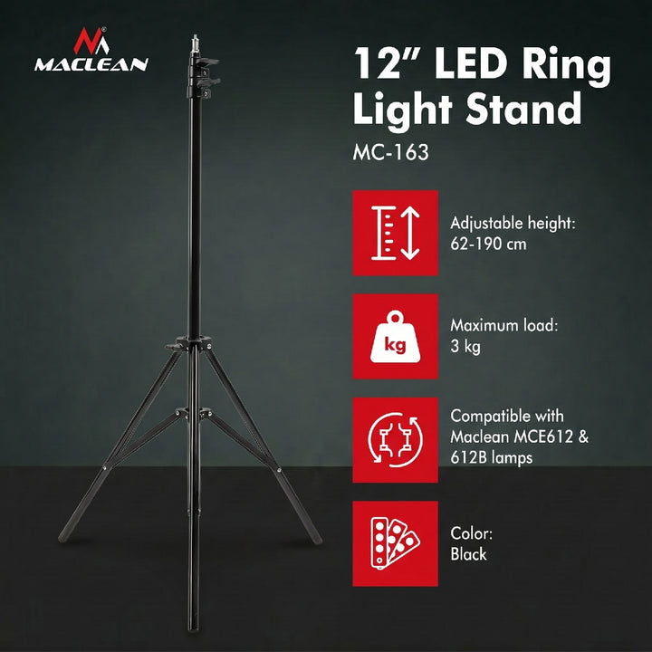 Trepied pentru lampa cu inel LED 12 "Maclean MC-163, înălțime maximă 190 cm, sarcină maximă 3 kg