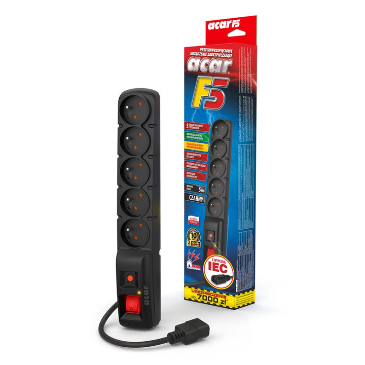 Bandă de protecție la supratensiune Acar, mufă IEC, negru, 2300W, 5m, F5 IEC