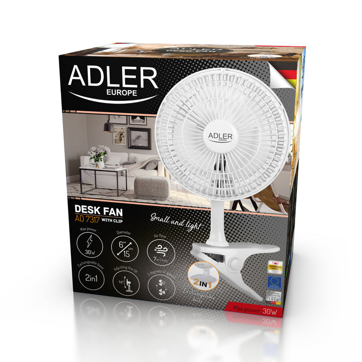 Ventilator de birou Adler, cu clema și bază, diametru 15 cm, putere max. 30W, AD7317