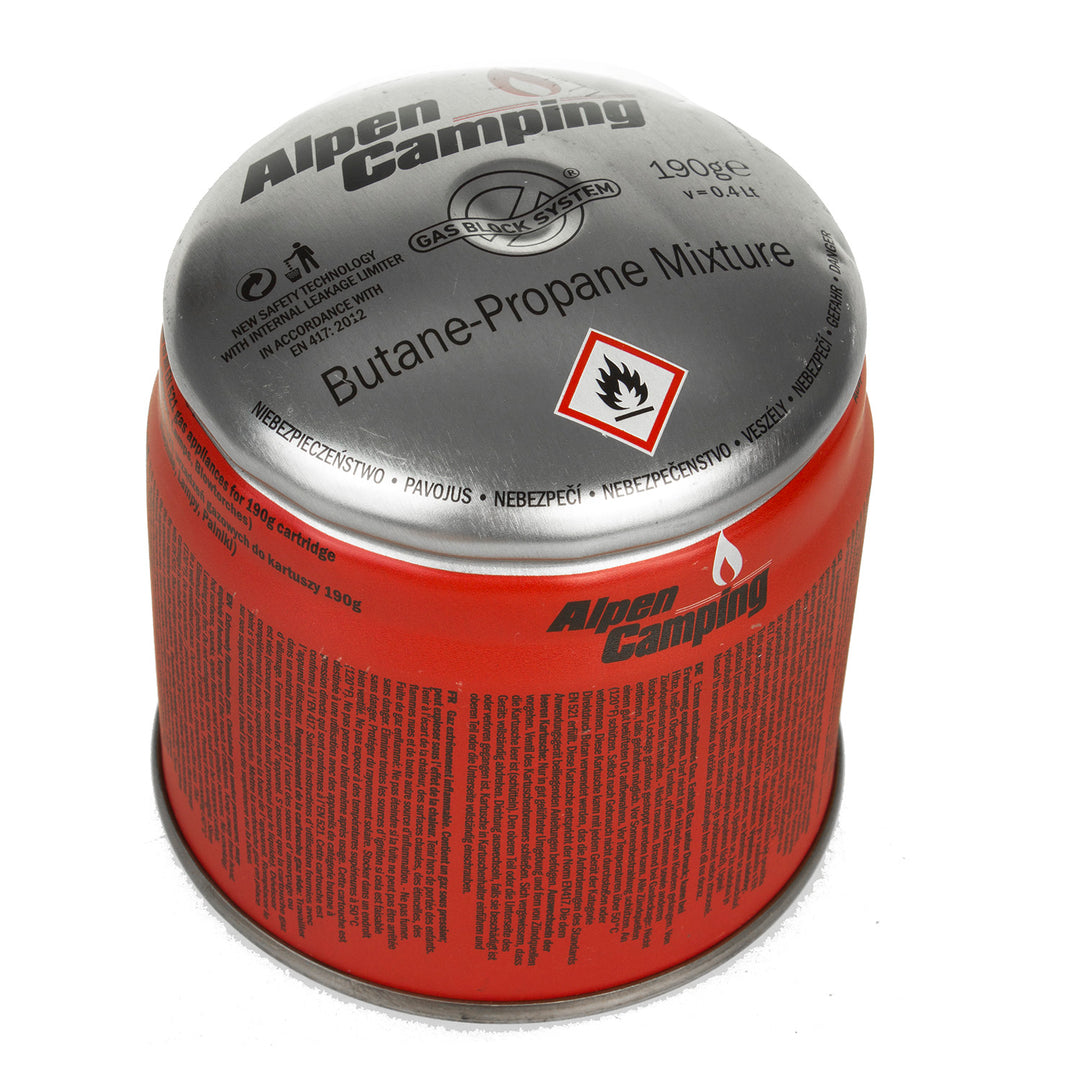 Cartuș de gaz 400 ml Alpen Camping. certificat: Pi 0437, conform EN417, propan-butan, interval -10 ° C până la + 40 ° C, sistem GAS STOP IK006