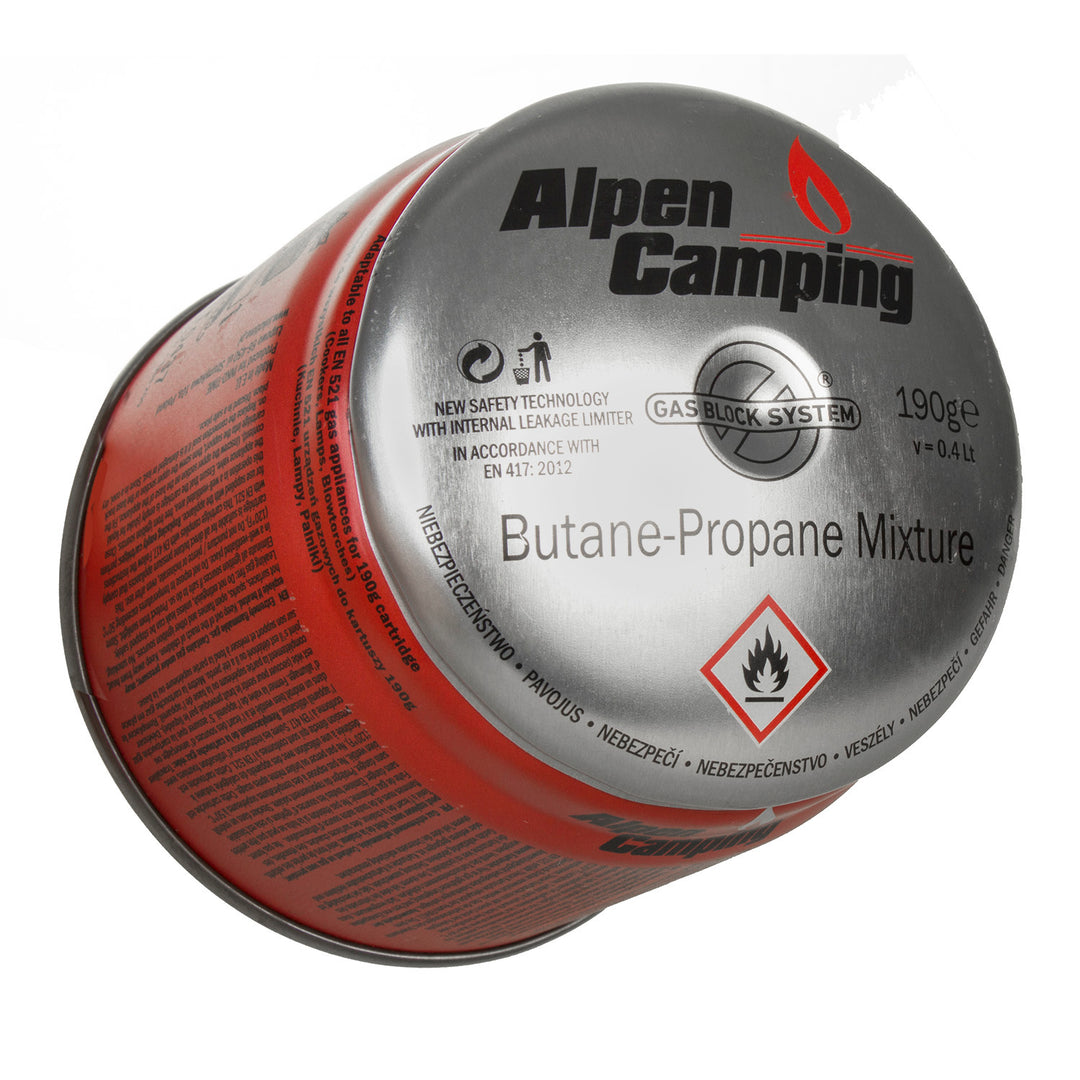 Cartuș de gaz 400 ml Alpen Camping. certificat: Pi 0437, conform EN417, propan-butan, interval -10 ° C până la + 40 ° C, sistem GAS STOP IK006