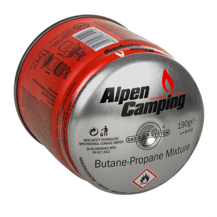 Cartuș de gaz 400 ml Alpen Camping. certificat: Pi 0437, conform EN417, propan-butan, interval -10 ° C până la + 40 ° C, sistem GAS STOP IK006