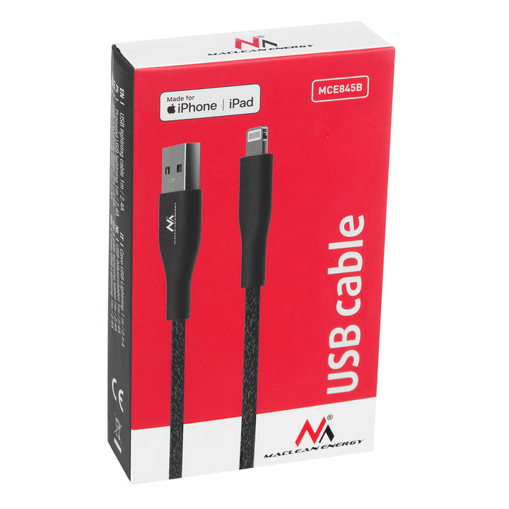 Cablu lighting MFi (fabricat pentru iPhone / iPod / iPad) care acceptă Fast Charge 2.4A Maclean Energy MCE845B negru, lungime 1m 5V/2.4A - transfer de date
