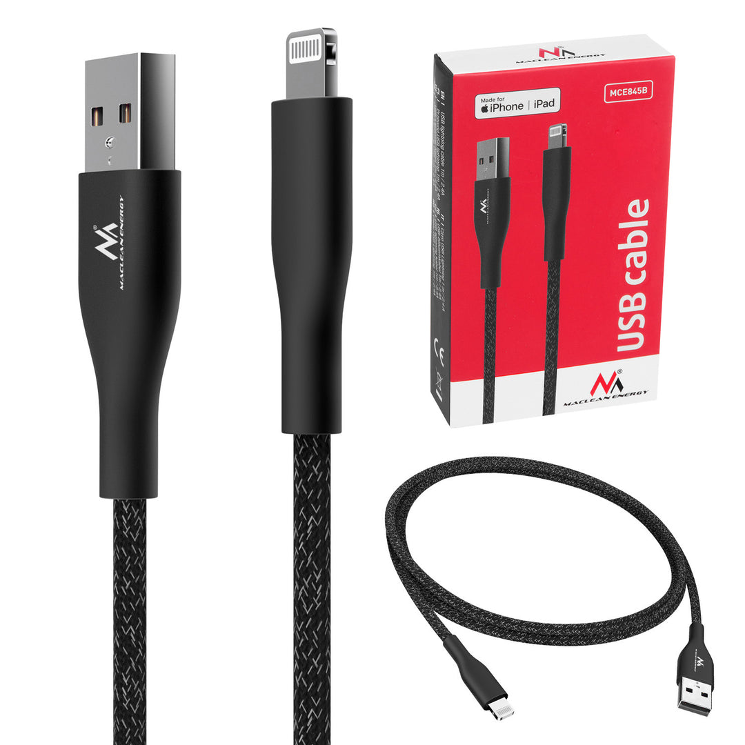 Cablu lighting MFi (fabricat pentru iPhone / iPod / iPad) care acceptă Fast Charge 2.4A Maclean Energy MCE845B negru, lungime 1m 5V/2.4A - transfer de date