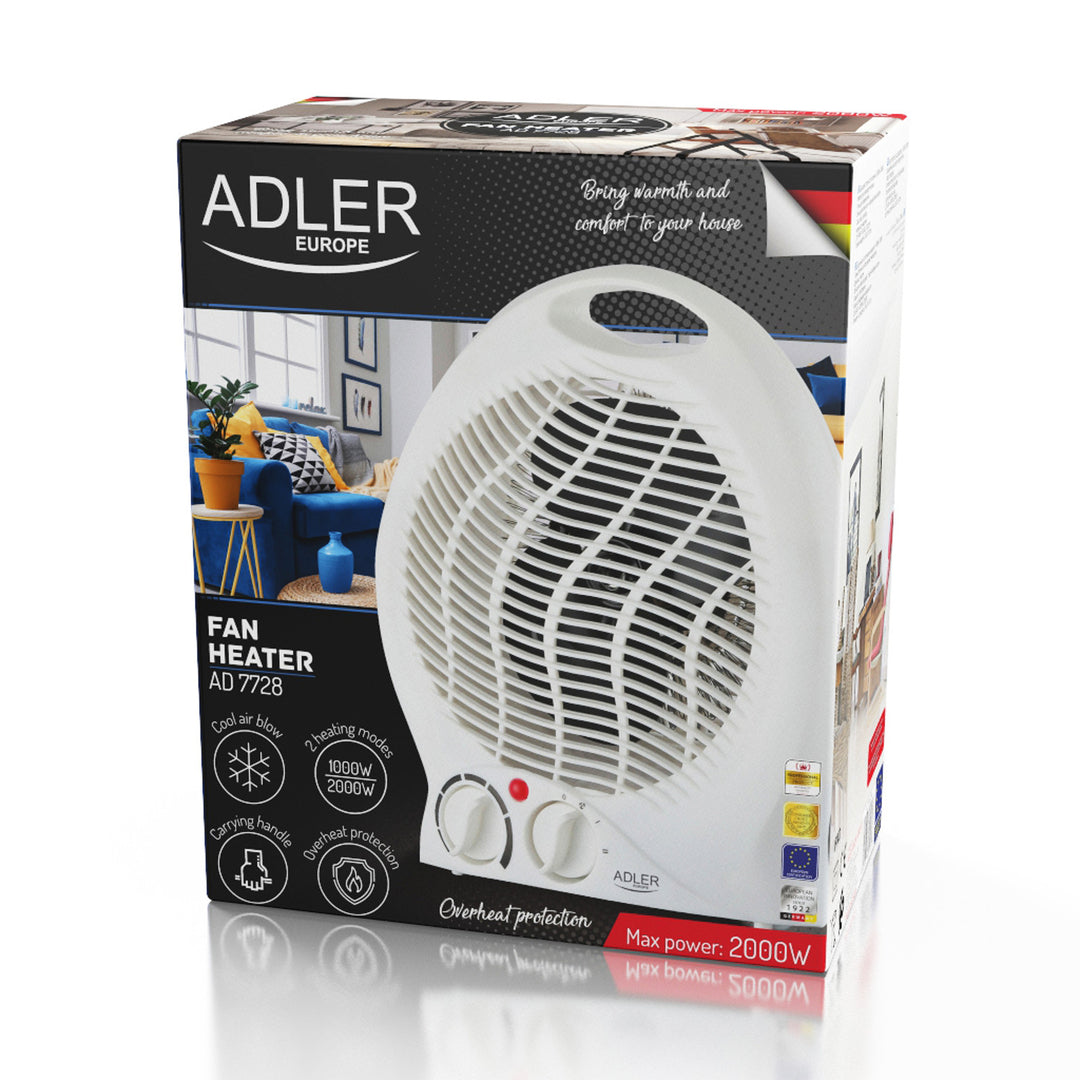 Încălzitor cu ventilator Adler, termostat, funcție ventilator, 2000W, alb, AD 7728