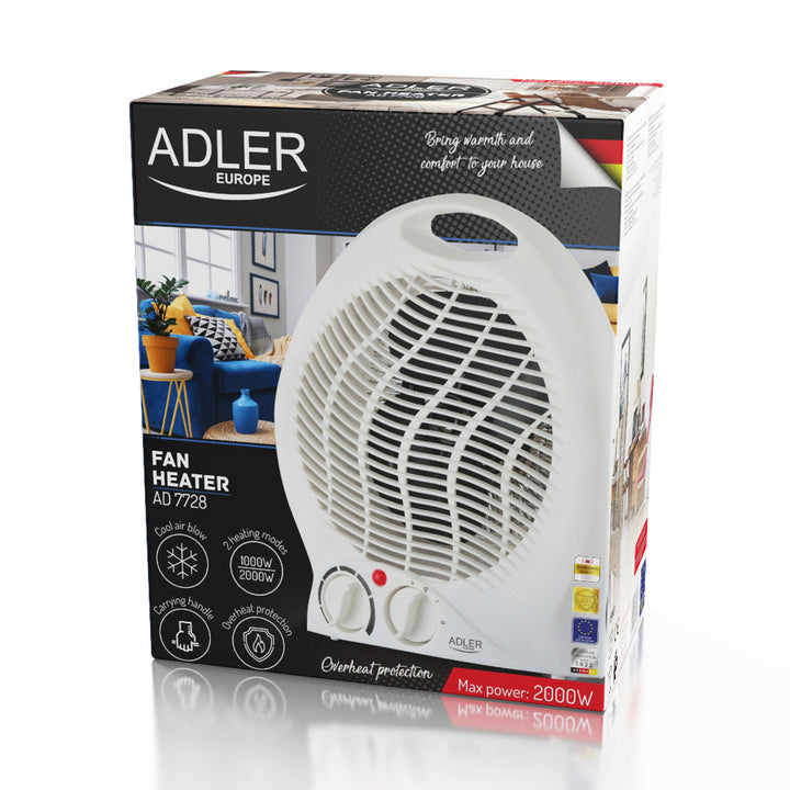 Încălzitor cu ventilator Adler, termostat, funcție ventilator, 2000W, alb, AD 7728
