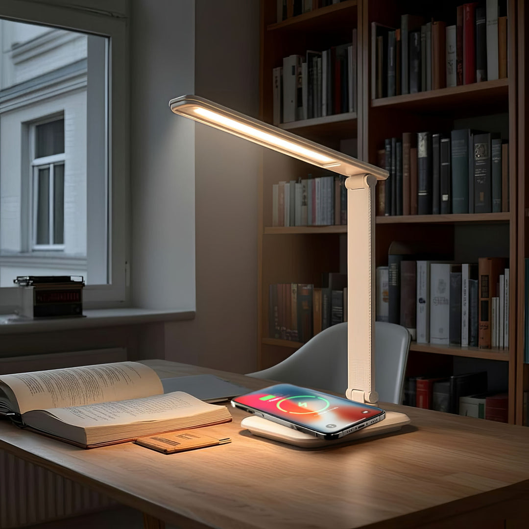 Lampa de birou LED, 9W, Maclean MCE616W, alb cu încărcător Qi cu inducție
