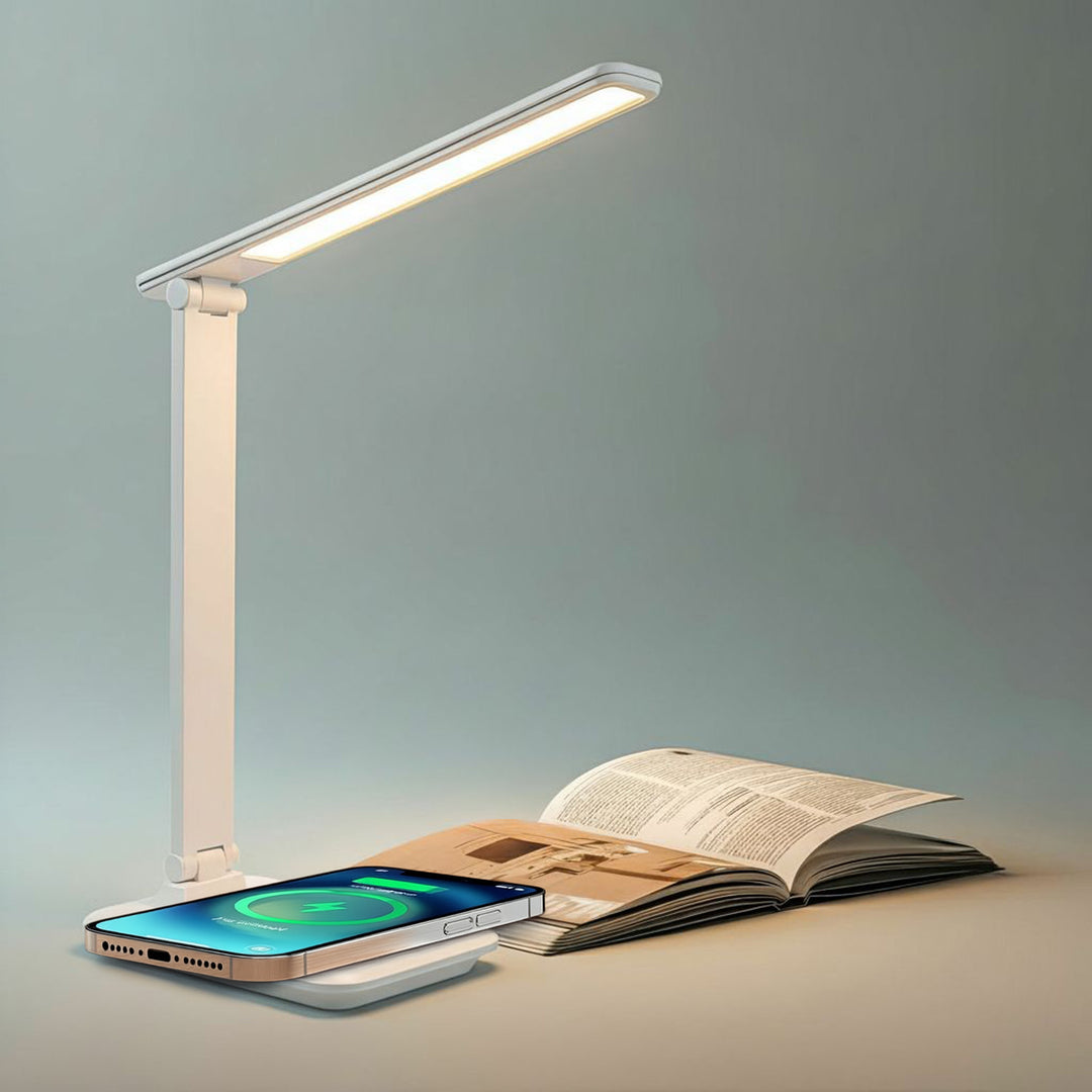 Lampa de birou LED, 9W, Maclean MCE616W, alb cu încărcător Qi cu inducție