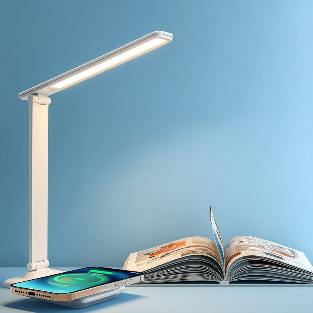 Lampa de birou LED, 9W, Maclean MCE616W, alb cu încărcător Qi cu inducție