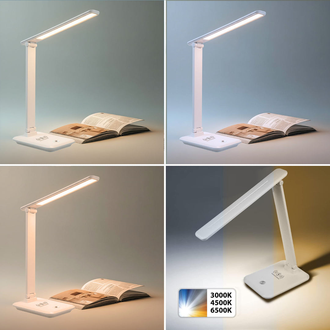 Lampa de birou LED, 9W, Maclean MCE616W, alb cu încărcător Qi cu inducție