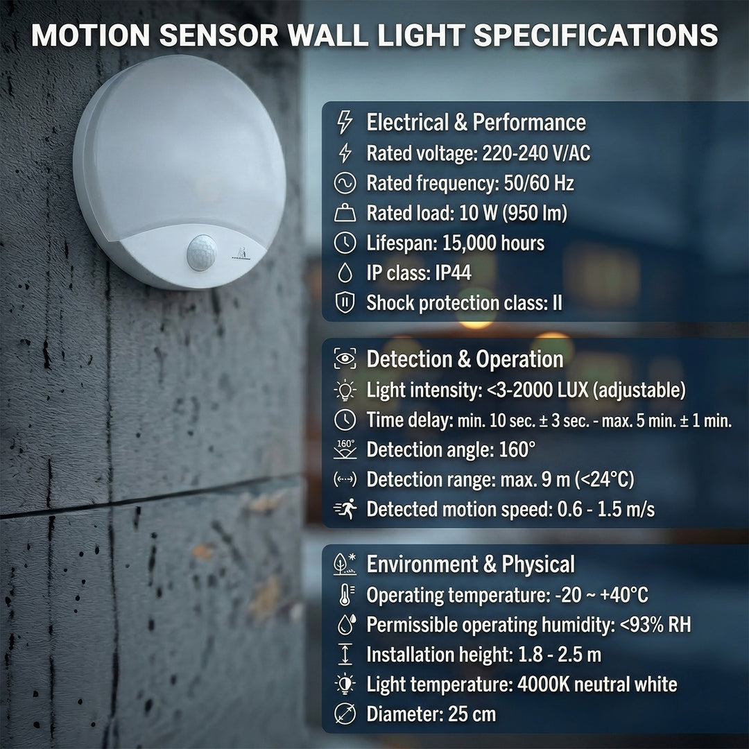 Lampă LED cu senzor de mișcare infrarosu, 10W, IP44, alb natural, 900lm, MCE357 W