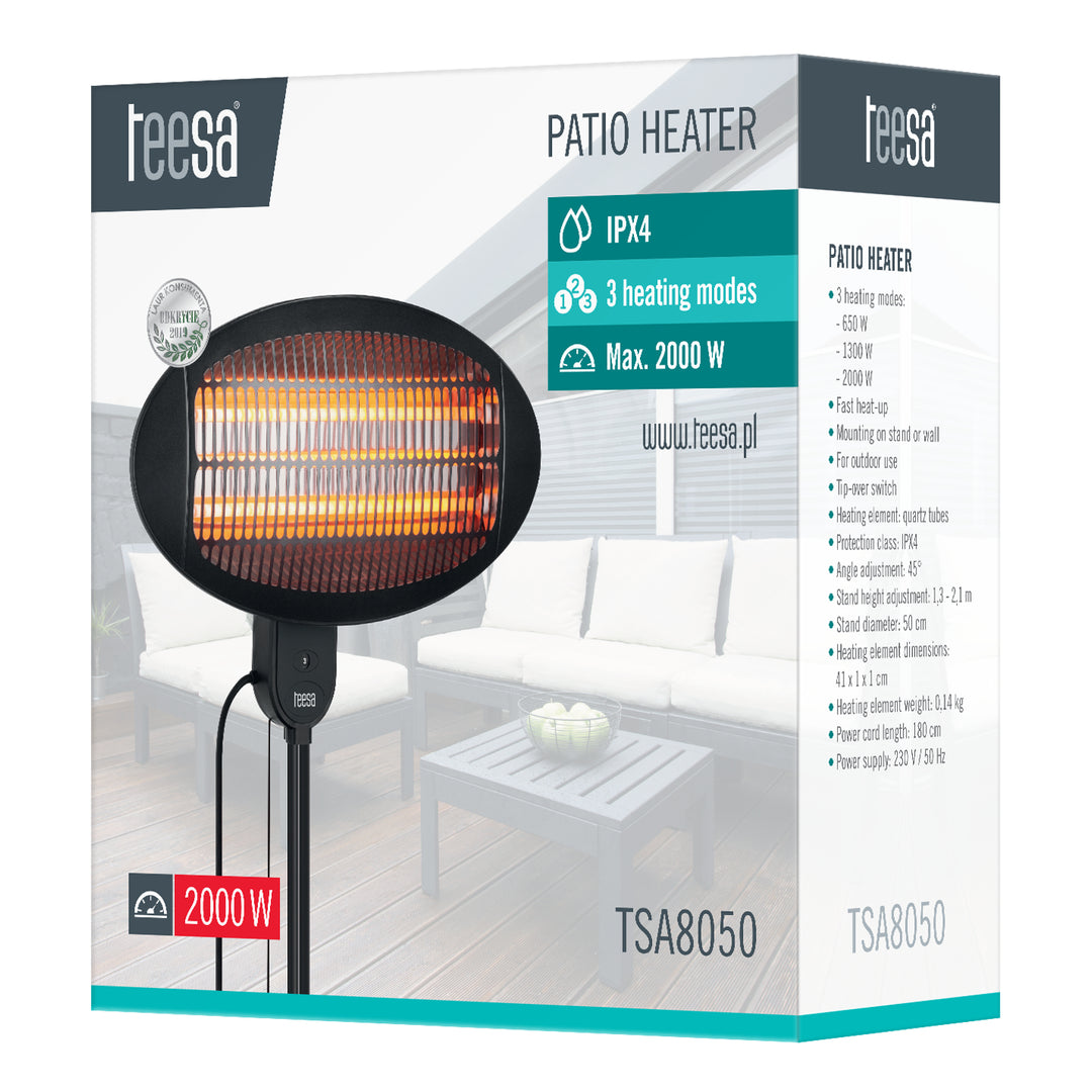 Încălzitor electric de terasă Teesa, rezistent la ploaie, trei moduri de încălzire, reglare pe înălțime și unghi, TSA8050