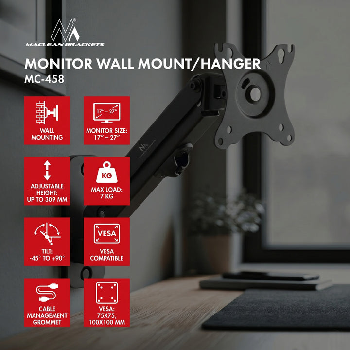 Suport de perete pentru monitor 17-27'', 7 kg, reglabil, Maclean MC-458