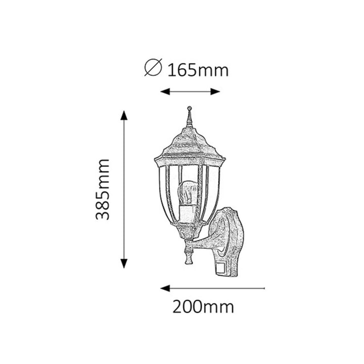 Aplică Rabalux Nizza din aur antic cu senzor de mișcare și de apus. Fir E27, putere 60 W, nivel de protecție IP43.
