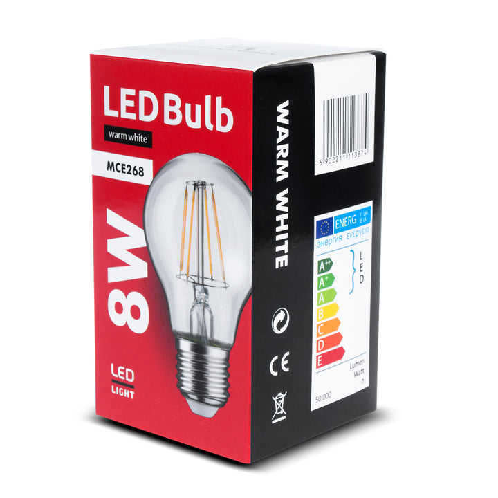 6x Maclean, Filament LED E27, 8W, 230V, WW alb cald 3000K, 806lm, retro edison decorativ, MCE268