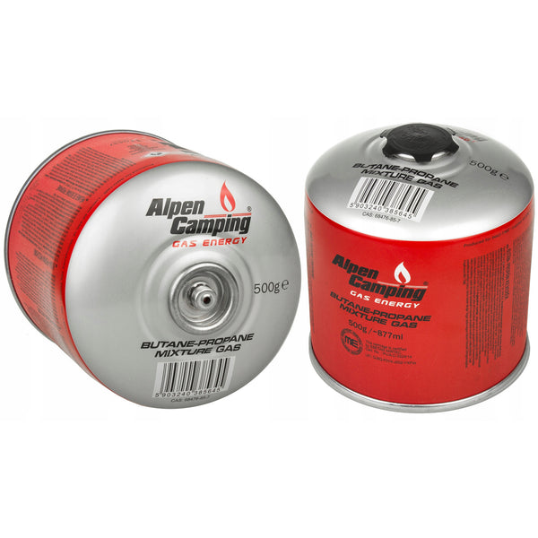2 x 500 g cartuș de gaz Alpen Camping de 500 g. Certificat: Pi 0437, conform EN417, propan-butan, interval -10°c până la + 40°c, supapă 7/16" IK008.