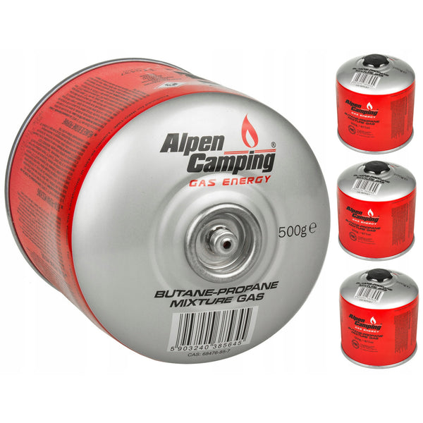 4x cartuș de gaz Alpen Camping 500g. Certificat: Pi 0437, conform EN417, propan-butan, interval -10°c până la + 40°c, supapă 7/16" IK008.