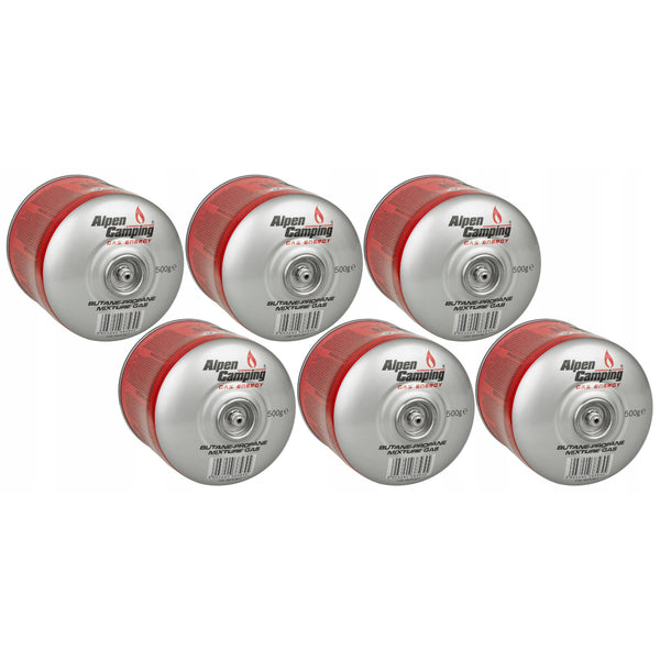 6x cartuș de gaz Alpen Camping 500g. Certificat: Pi 0437, conform EN417, propan-butan, interval -10°c până la + 40°c, supapă 7/16" IK008.