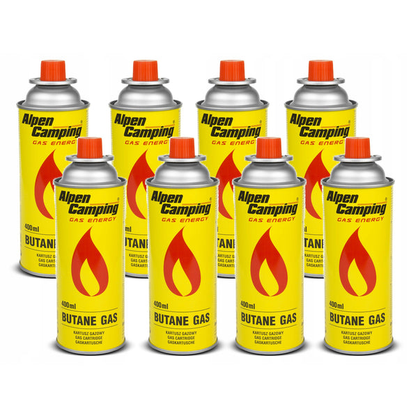 8x cartuș de gaz Alpen Camping 400ml. Certificat: Pi 0875, respectă EN417, izobutan, interval de funcționare -10°c până la + 40°c, IK004.