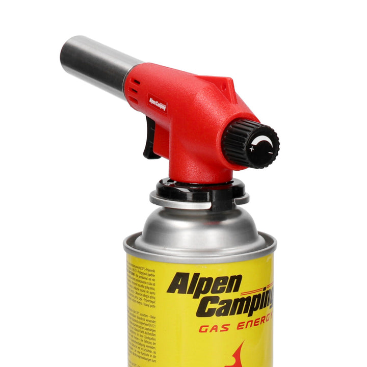 Arzător cu cartușe Alpen Camping, temperatură flacără 1350 grade C., aprindere piezo, control flacără, VULCANO + 4 cartușe