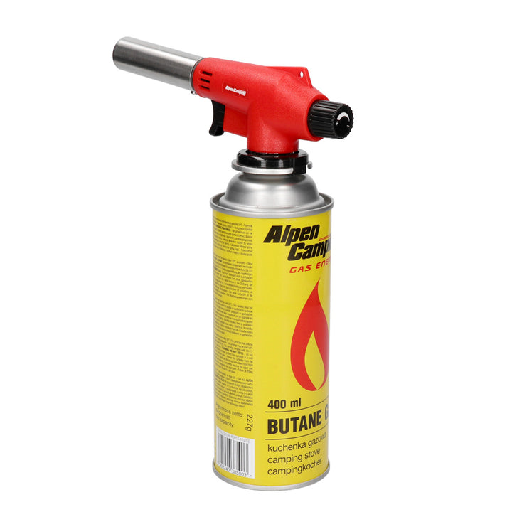 Arzător cu cartușe Alpen Camping, temperatură flacără 1350 grade C., aprindere piezo, control flacără, VULCANO + 4 cartușe