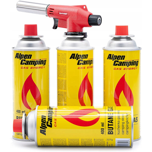Arzător cu cartușe Alpen Camping, temperatură flacără 1350 grade C., aprindere piezo, control flacără, VULCANO + 4 cartușe