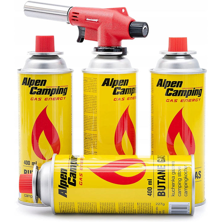 Arzător cu cartușe Alpen Camping, temperatură flacără 1350 grade C., aprindere piezo, control flacără, VULCANO + 4 cartușe
