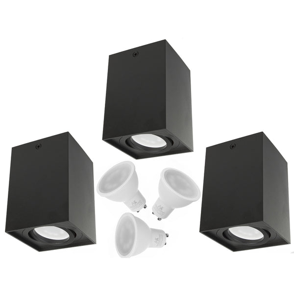 Plafoniera de iluminat montat la suprafață, spot, pătrat, aluminiu, 80x80x115mm, negru + 3x bec LED 5W