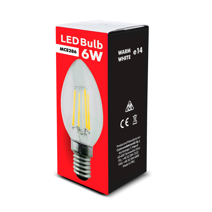 6x Maclean, Filament LED E14, 6W, 230V, WW alb cald 3000K, 806lm, Lumânare decorativă retro edison C35, MCE286