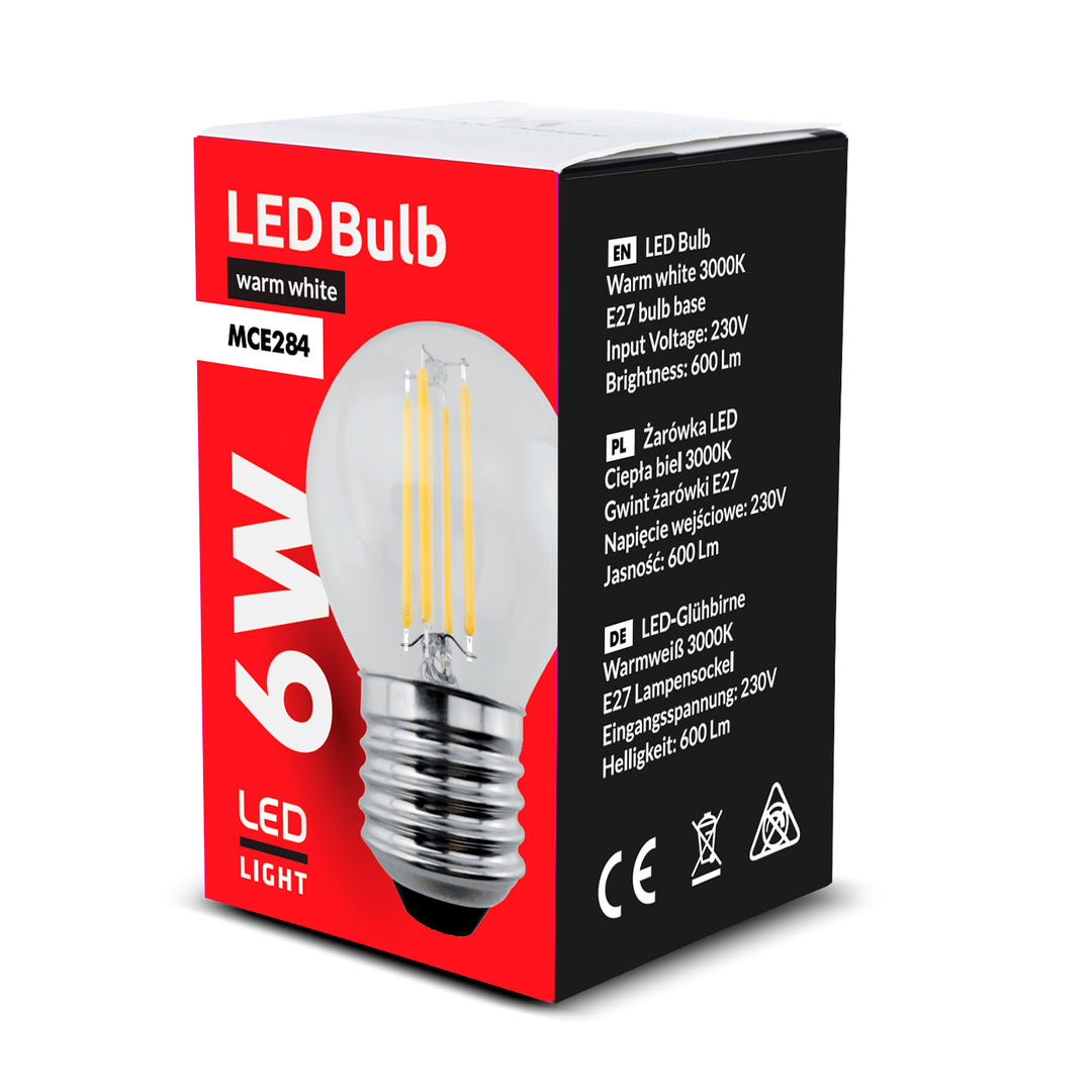6x Maclean, bec cu filament LED E27, 6W, 230V, WW alb cald 3000K, 600lm, retro edison decorativ G45, MCE284