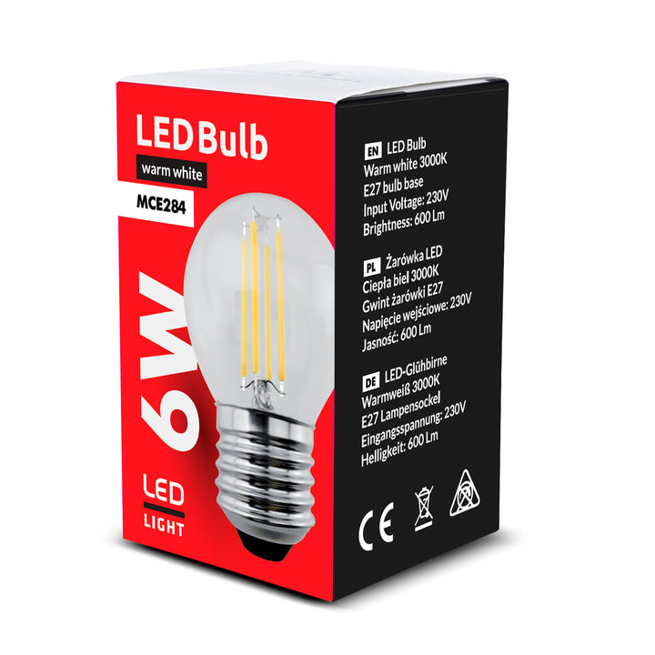 6x Maclean, bec cu filament LED E27, 6W, 230V, WW alb cald 3000K, 600lm, retro edison decorativ G45, MCE284