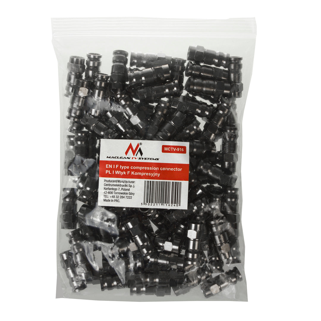 100x Maclean, conector de compresie F, RG-6, profesional, nichel, negru, MCTV-916