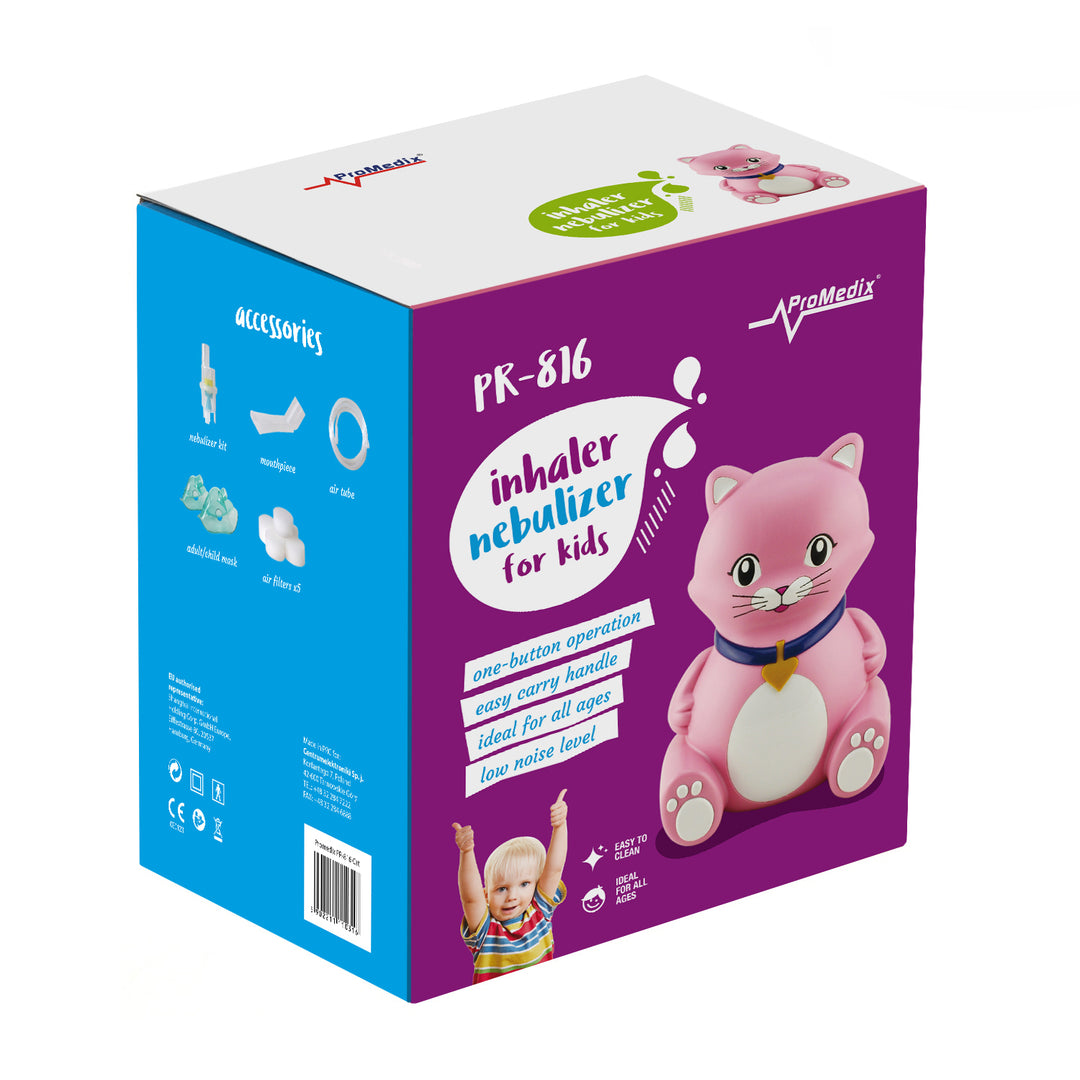 Promedix inhalator pentru pisici pentru copii, set nebulizator, măști, filtre, PR-816 + manechin universal Gess pentru inhalator