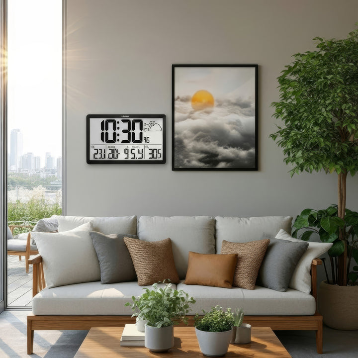 Ceas digital de perete cu senzor de exterior, ceas DCF, 37x22,5 cm Ceas mare de perete, alarmă cu funcție de amânare, afișaj LCD, temperatură interioară și exterioară, prognoză meteo