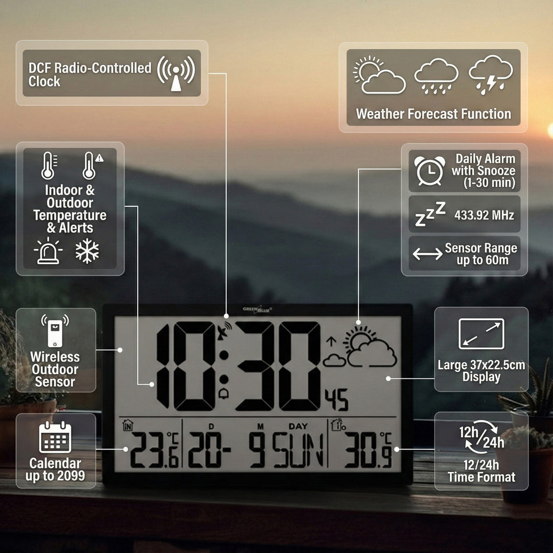 Ceas digital de perete cu senzor de exterior, ceas DCF, 37x22,5 cm Ceas mare de perete, alarmă cu funcție de amânare, afișaj LCD, temperatură interioară și exterioară, prognoză meteo