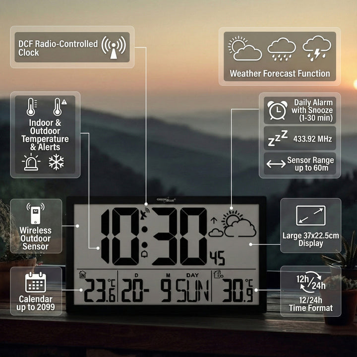 Ceas digital de perete cu senzor de exterior, ceas DCF, 37x22,5 cm Ceas mare de perete, alarmă cu funcție de amânare, afișaj LCD, temperatură interioară și exterioară, prognoză meteo