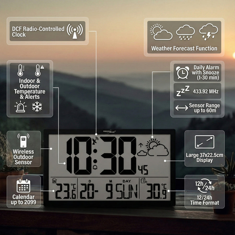 Ceas digital de perete cu senzor de exterior, ceas DCF, 37x22,5 cm Ceas mare de perete, alarmă cu funcție de amânare, afișaj LCD, temperatură interioară și exterioară, prognoză meteo
