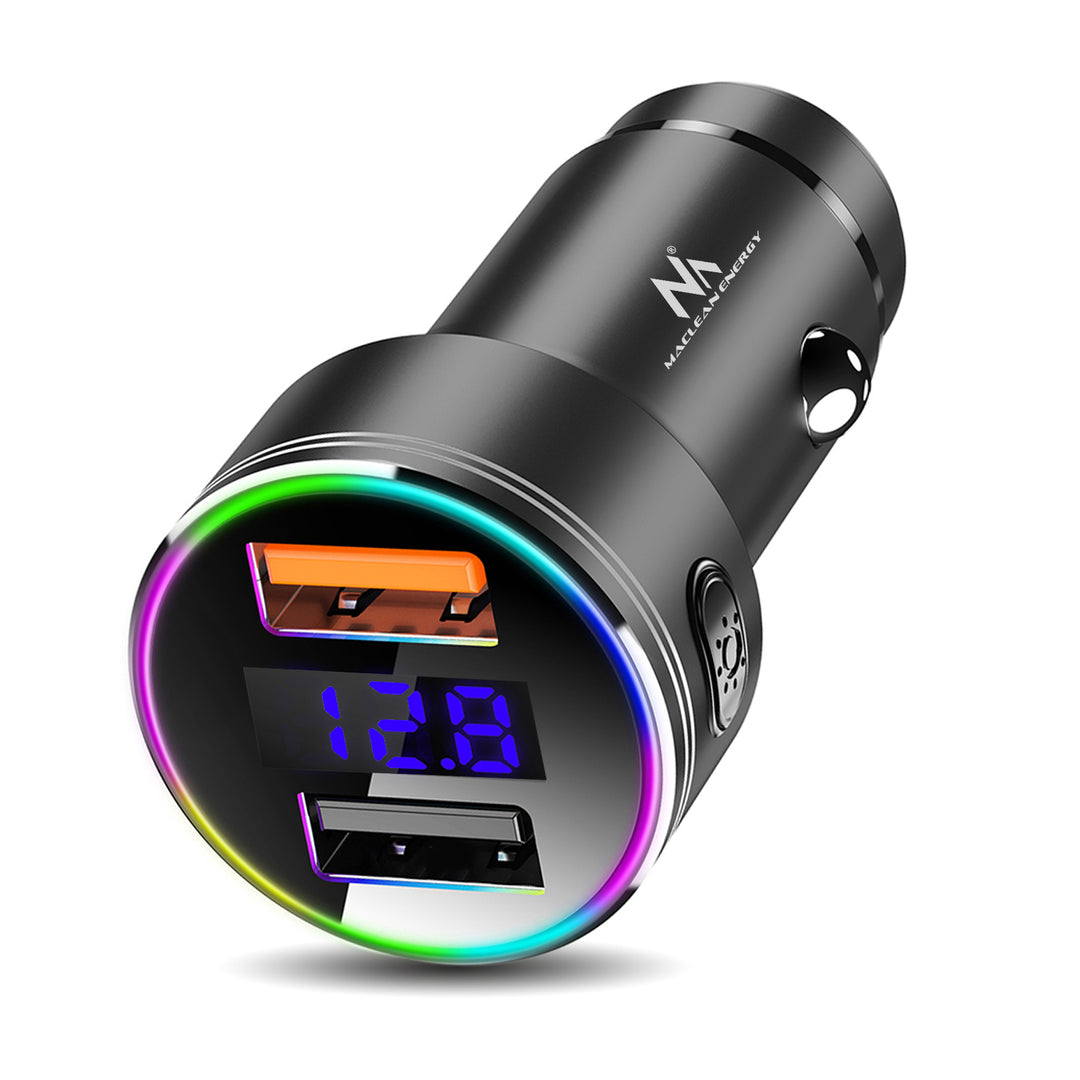 Încărcător auto Maclean, cu afișaj, aluminiu, voltmetru, USB 1x QC 3.0, USB 1x 5V/2.4A, LED RGB, MCE375 + cablu USB Lightning MCE945B