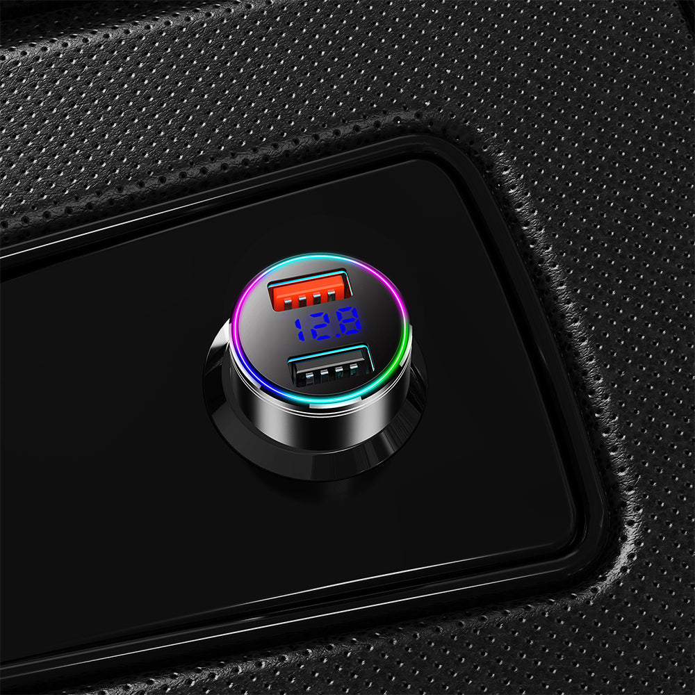 Încărcător auto Maclean, cu afișaj, aluminiu, voltmetru, USB 1x QC 3.0, USB 1x 5V/2.4A, LED RGB, MCE375 + cablu USB Lightning MCE945B