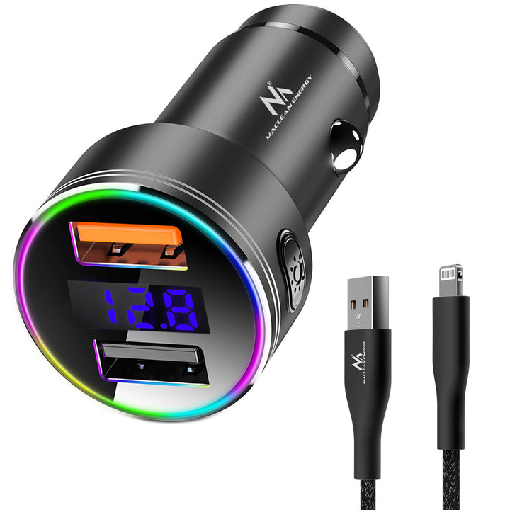 Încărcător auto Maclean, cu afișaj, aluminiu, voltmetru, USB 1x QC 3.0, USB 1x 5V/2.4A, LED RGB, MCE375 + cablu USB Lightning MCE945B